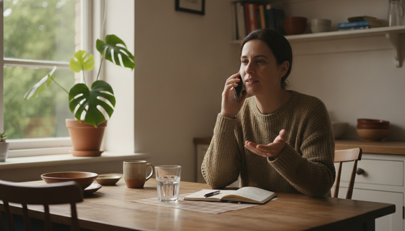 Warm photograph of a person on a phone consultation at a kitchen table with a glass of water and a notebook